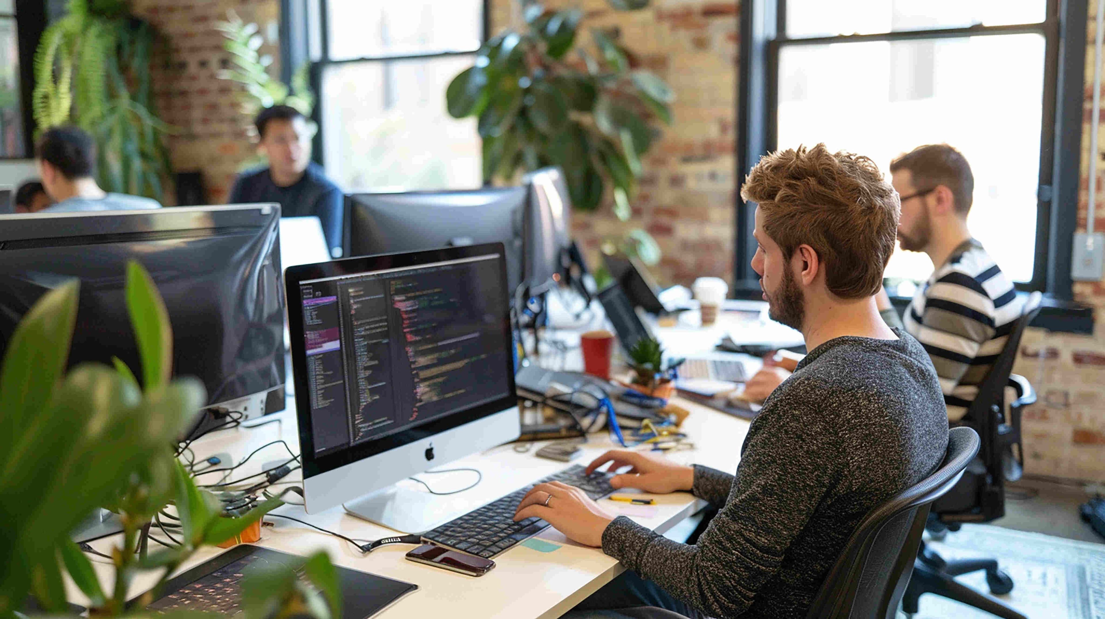IT specialists immersed in their work, surrounded by technology in a modern office setting, where innovation meets efficiency.